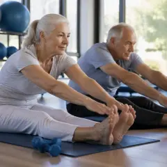 Un couple senior pratique le pilates, une activité idéale pour les femmes de 60 ans et plus, pour rester souple et en forme.