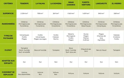 Tableau comparatif des îles Canaries : superficie, randonnées, paysages, climat, activités enfants et déplacements.