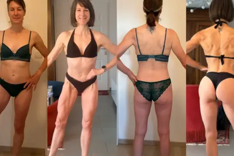 Avant/après musculation femme 50 ans : transformation physique impressionnante, montrant gain musculaire et définition.