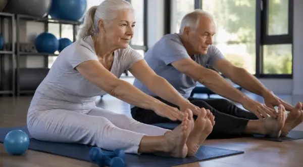 Un couple senior pratique le pilates, une activité idéale pour les femmes de 60 ans et plus, pour rester souple et en forme.