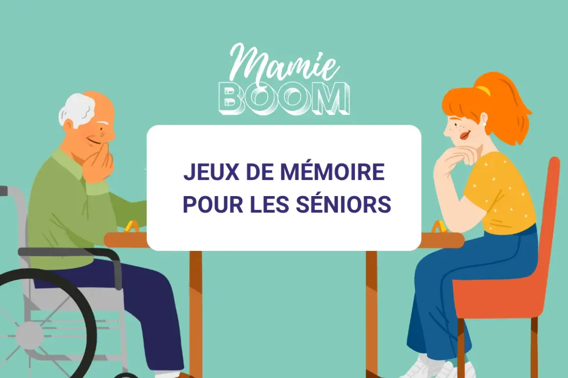 Un homme en fauteuil roulant et une jeune femme réfléchissent, prêts pour un exercice de mémorisation. Le texte "Jeux de mémoire pour les seniors" est affiché.