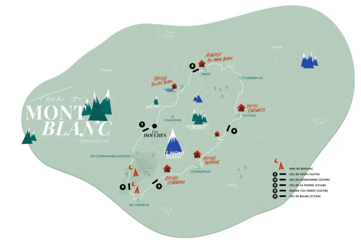 Carte du Tour du Mont Blanc, montrant les refuges, cols et villes comme Chamonix.