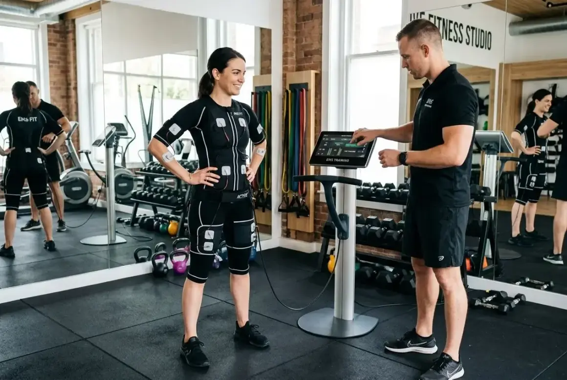 Femme en combinaison EMS, prête pour un exercice pour perdre du ventre, guidée par un coach devant une machine.