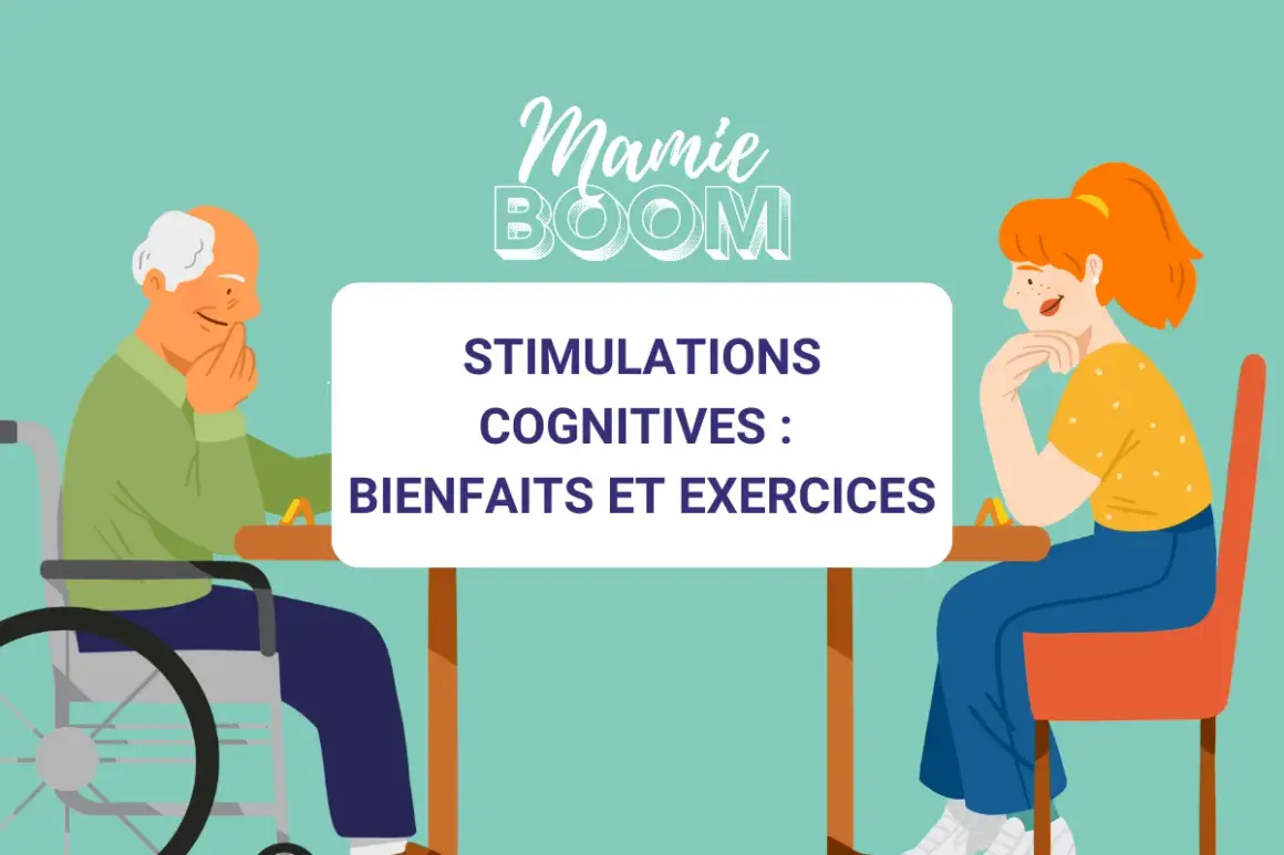 Un homme âgé en fauteuil roulant et une jeune femme réfléchissent, participant à un jeu cognitif adulte.