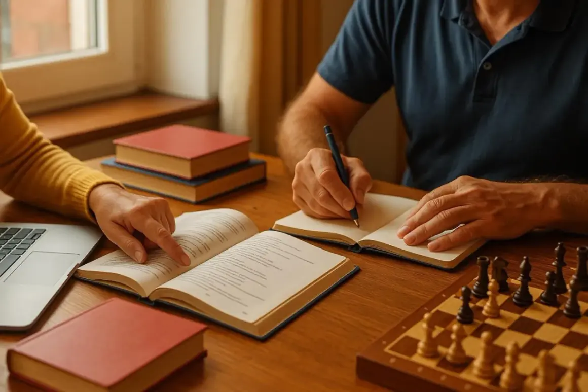 Apprendre et jouer aux échecs : des clés pour rester jeune après 50 ans. Un couple étudie et écrit, entouré de livres et d'un échiquier.