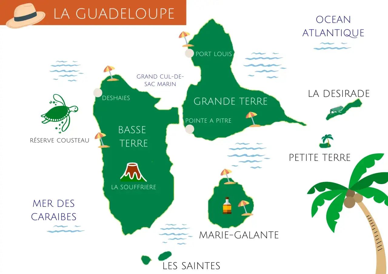 Carte de la Guadeloupe, idéale pour un circuit de 15 jours. Explorez Basse-Terre, Grande-Terre, Les Saintes, Marie-Galante, La Désirade.