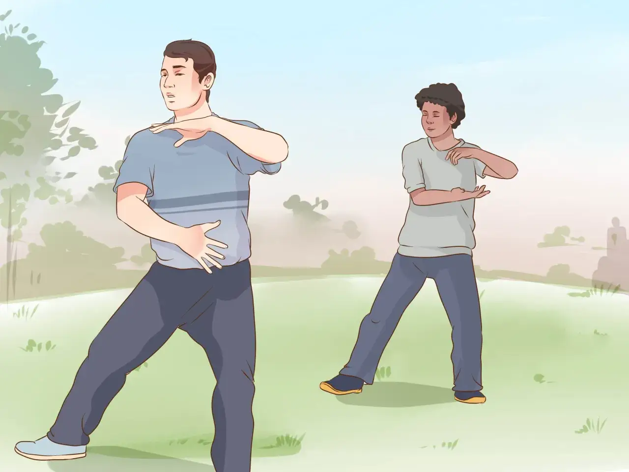 Deux hommes pratiquent le qi gong en extérieur, adoptant une posture d'équilibre et de concentration.
