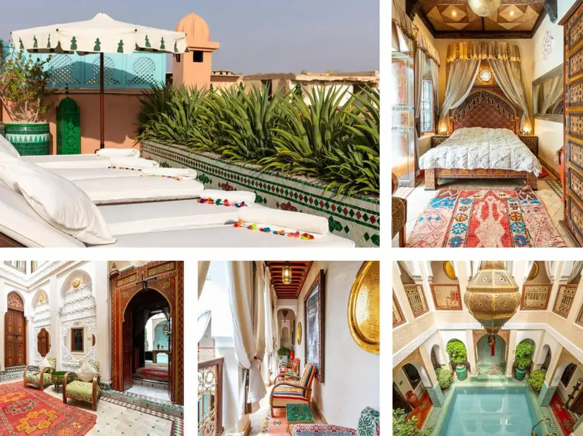 Magnifique riad marocain : terrasse avec transats, chambre luxueuse, cour intérieure avec piscine. Idéal pour un budget maroc.