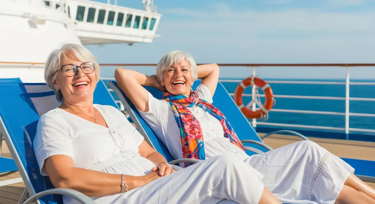 Deux femmes profitent du soleil sur un pont de bateau, illustrant des loisirs pour jeunes retraités. Elles rient, détendues sur des chaises bleues, avec la mer en arrière-plan.