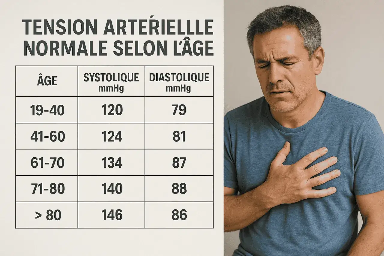 Tableau : tension artérielle normale selon l'âge. Un homme se tient la poitrine, l'air inquiet.