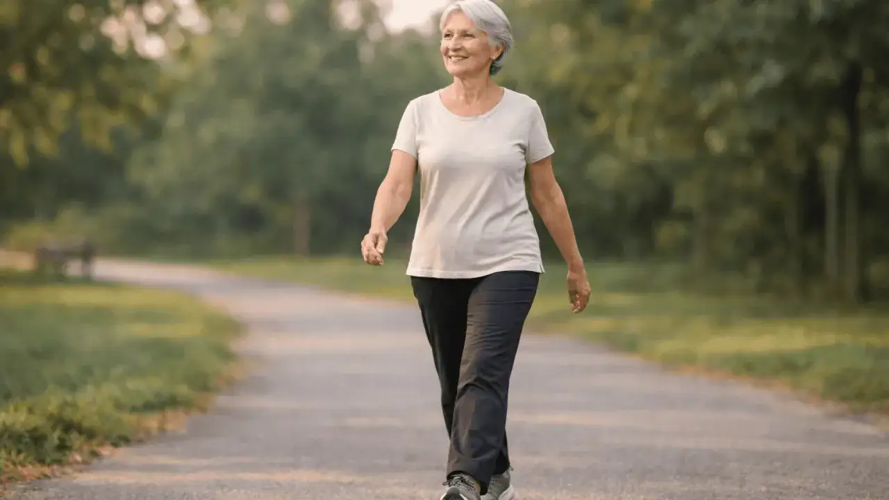 Une femme souriante profite d'une promenade en plein air, un moment idéal pour reprendre le sport et se sentir bien.