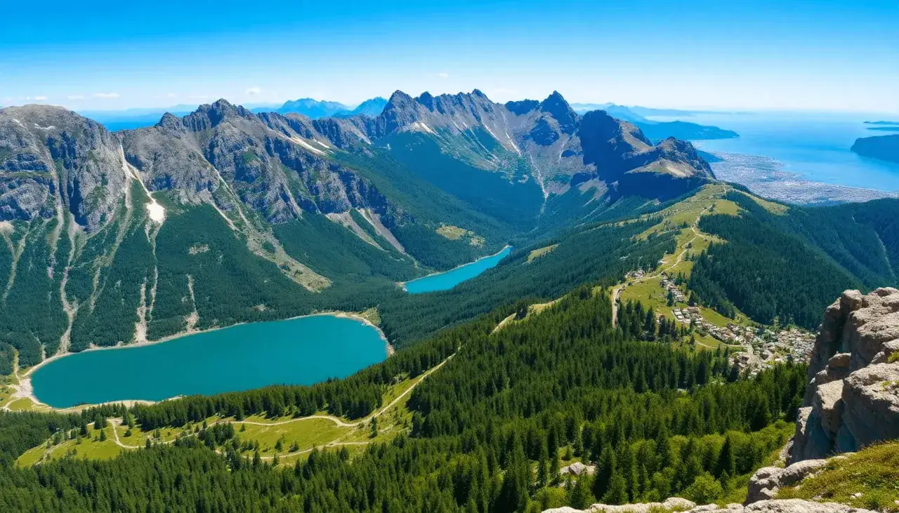 Vue panoramique d'un trek en Italie : lacs turquoise, montagnes escarp&eacute;es et village alpin nich&eacute; dans les pins.