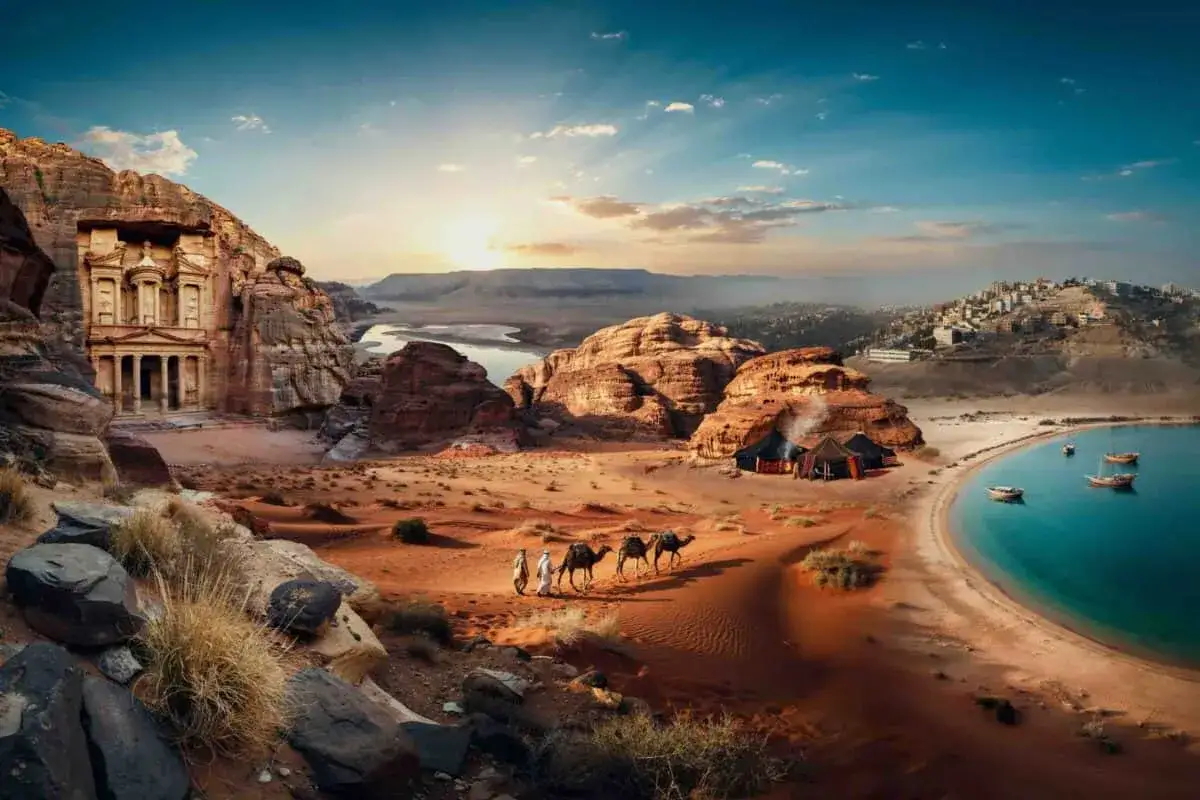 Caravane traversant le désert jordanien, avec Pétra et une oasis. Idéal pour savoir quand partir en Jordanie.