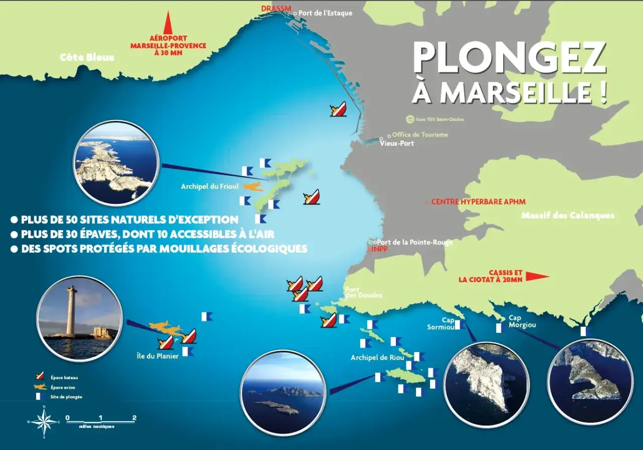 Carte des spots de plongée à Marseille et ses environs, incluant des épaves et des sites naturels exceptionnels.