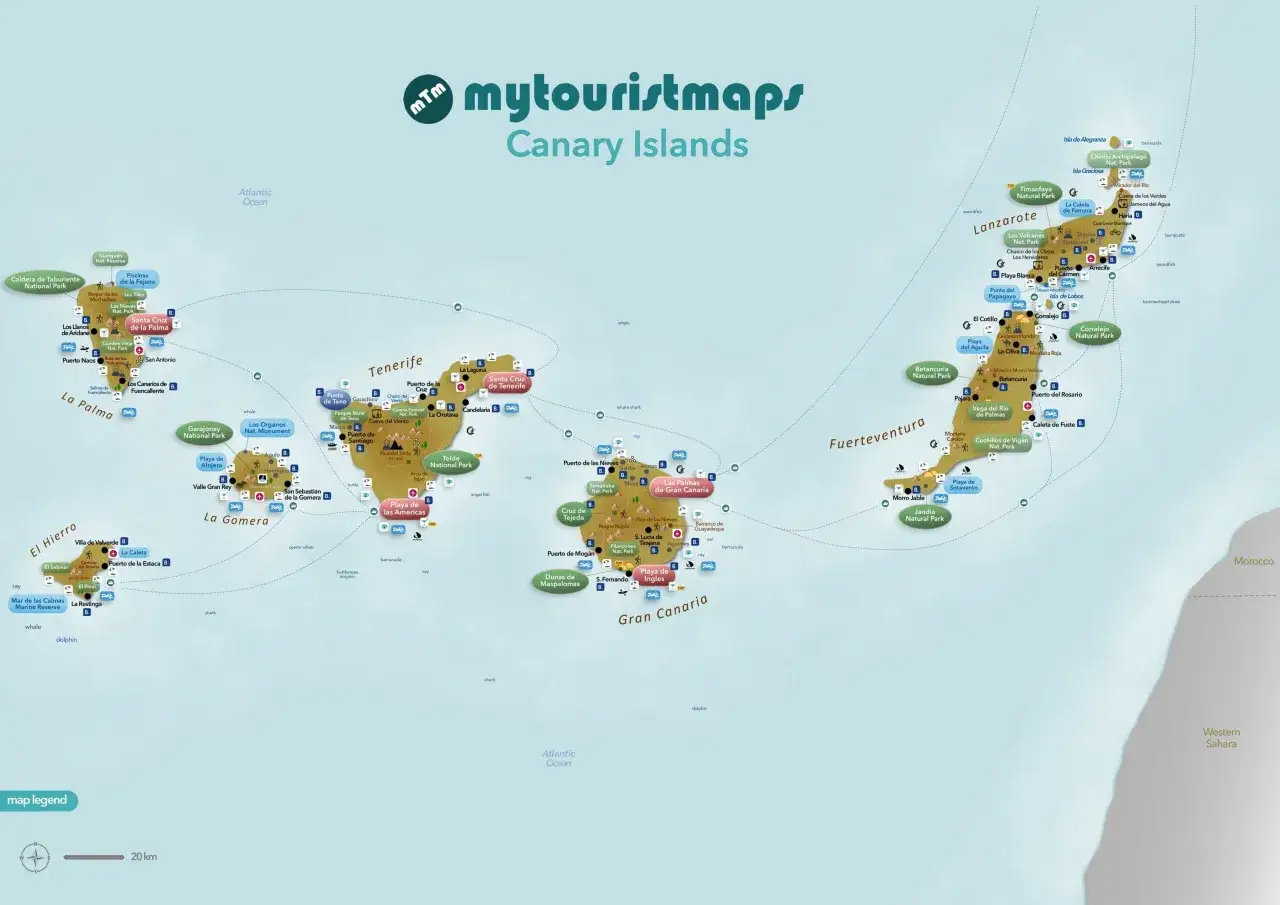 Carte des îles Canaries avec sites touristiques, parcs naturels et animaux marins.