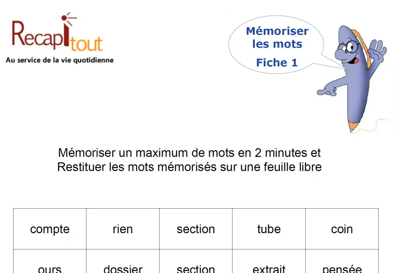 Fiche d'exercices pour la concentration : jeux de logique à imprimer avec des mots à mémoriser.