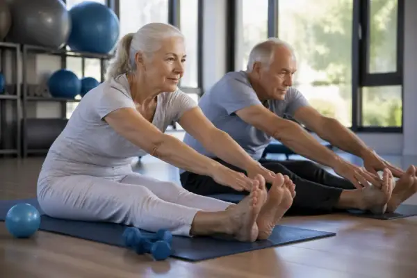Un couple senior pratique le pilates, une activité idéale pour les femmes de 60 ans et plus, pour rester souple et en forme.