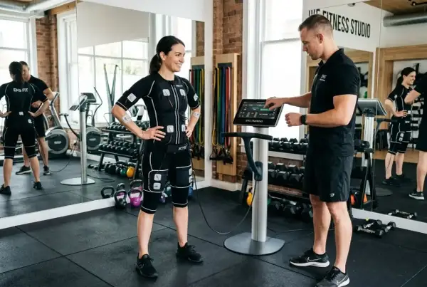 Femme en combinaison EMS, prête pour un exercice pour perdre du ventre, guidée par un coach devant une machine.