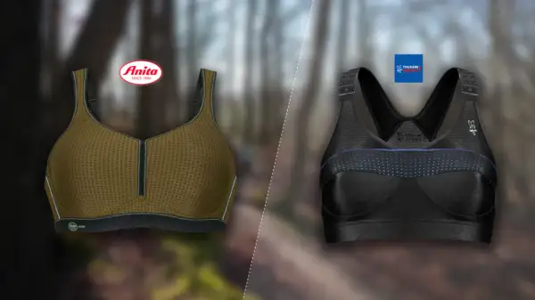 Deux soutiens-gorge de sport femme, un kaki Anita et un noir Thuasne, prêts pour l'aventure en forêt.